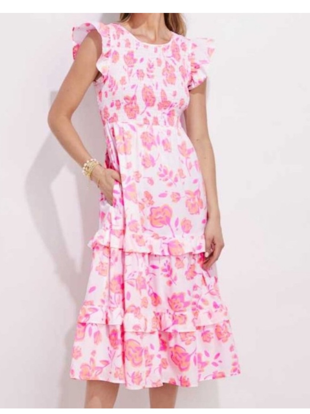 Vineyard Vines Summer Bloom Smocked Tiered Midi Dress Pink Coral Floral, Small